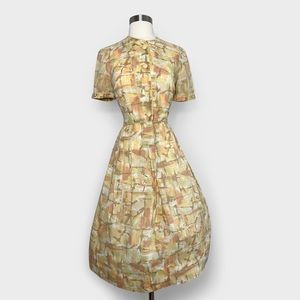 1950s handmade muted orange/green brown short sleeve dress